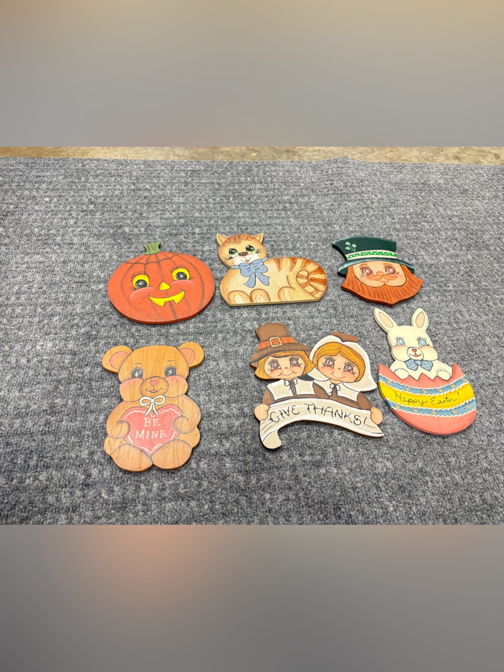 Hand-Painted Holiday Wood Cutout Set Vintage